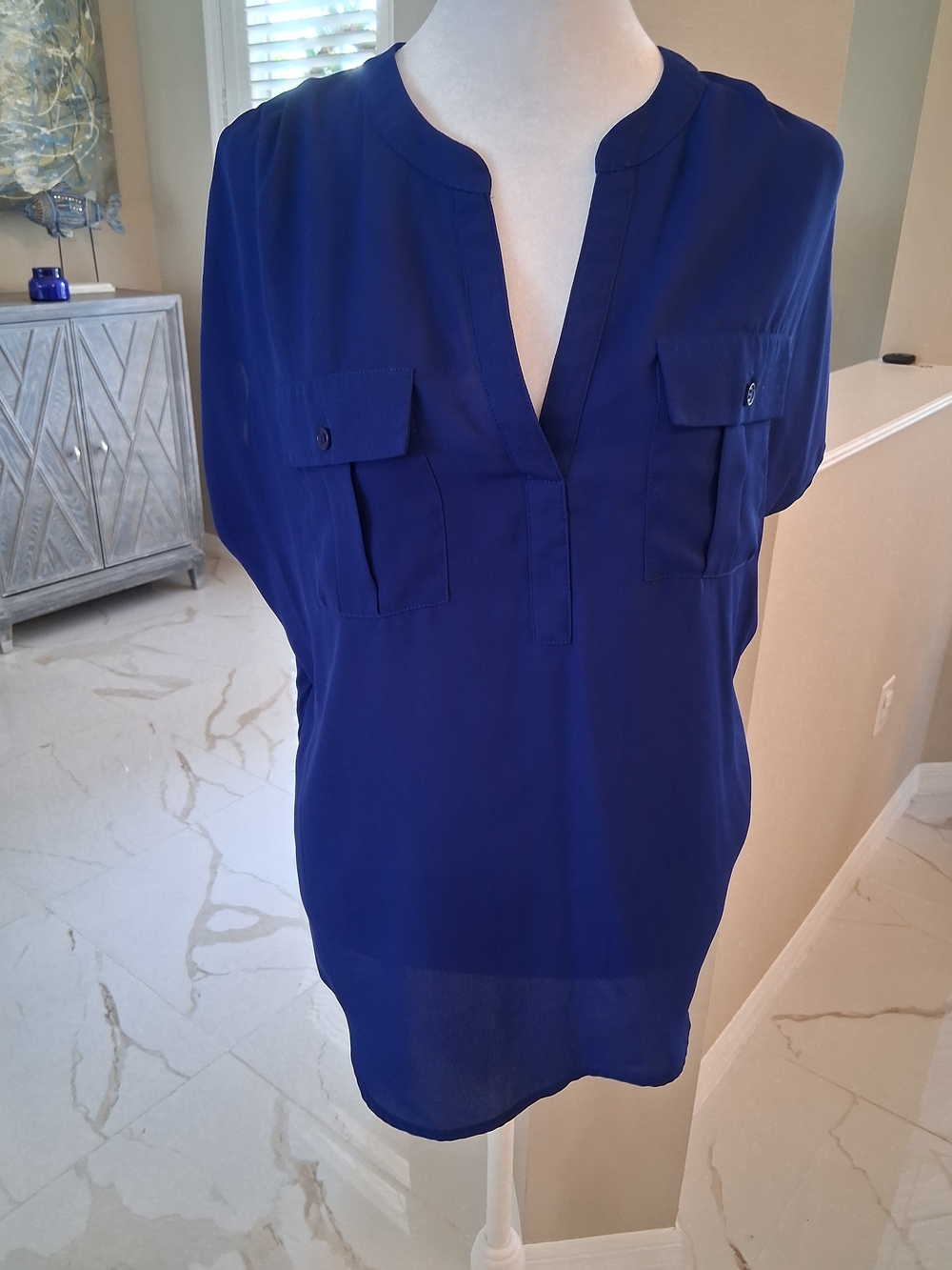 INC International Concepts Royal Blue Split-Neck Blouse with Flap Pockets